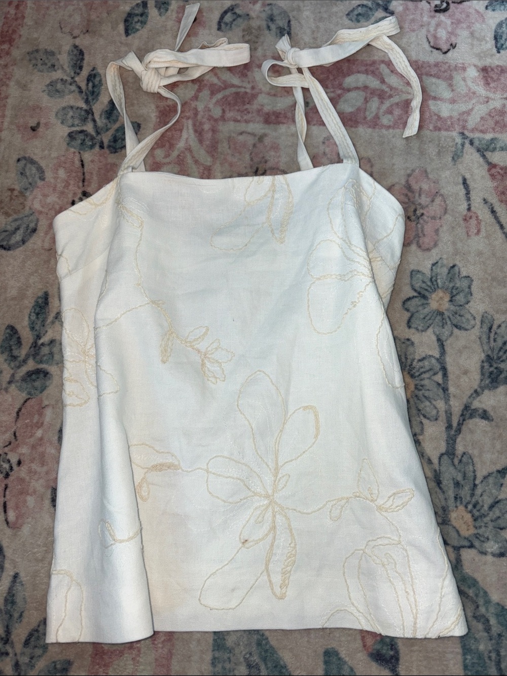 Zara Cream-Embroidered White Tie-Shoulder Camisole